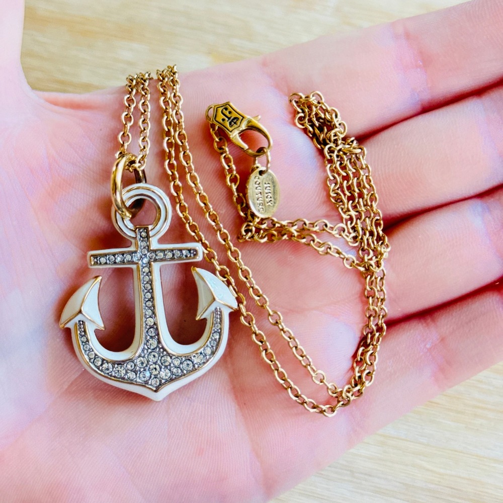 Juicy Couture Anchor Necklace Crystal Pave Enamel Designer Gold Designer Y2K 34"